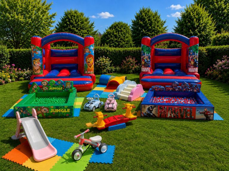 Outdoor soft play hire setup in Thanet with jungle and superhero bouncy castles, inflatable ball pits, foam soft play equipment, ride‑on toy